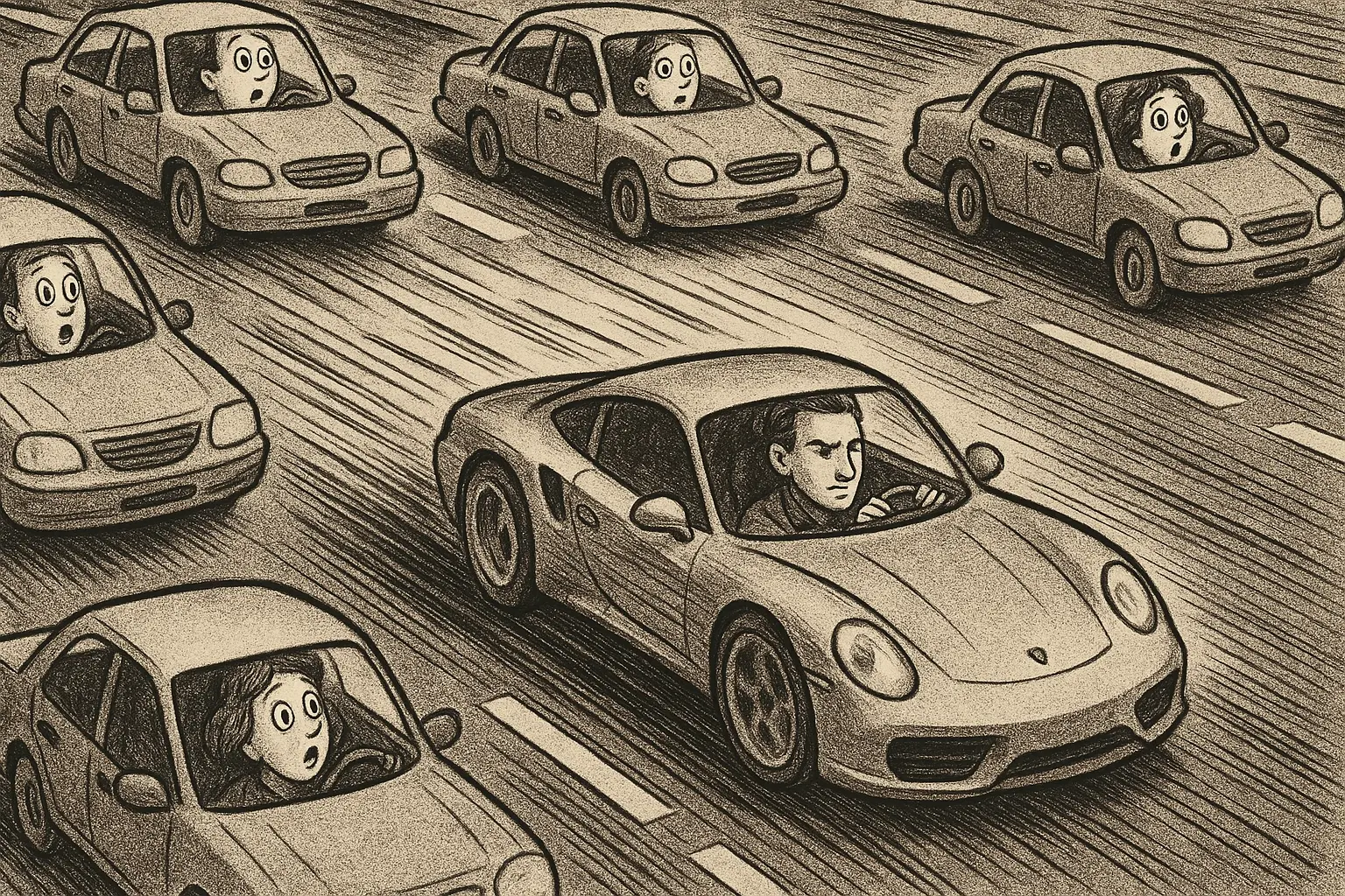 AI generated image of a fast driver on a highway, newspaper caricature style