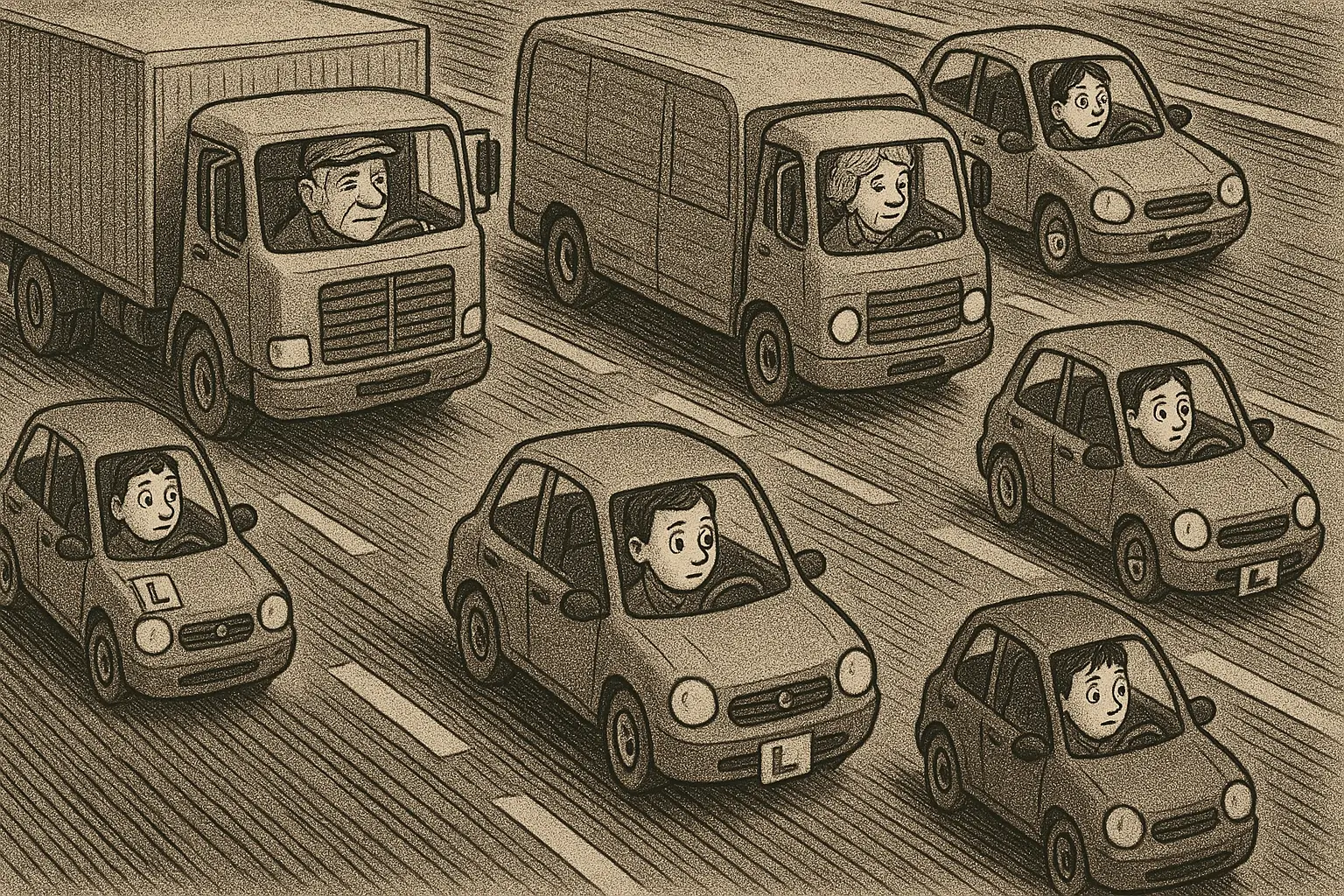 AI generated image of a slow driver on a highway, newspaper caricature style