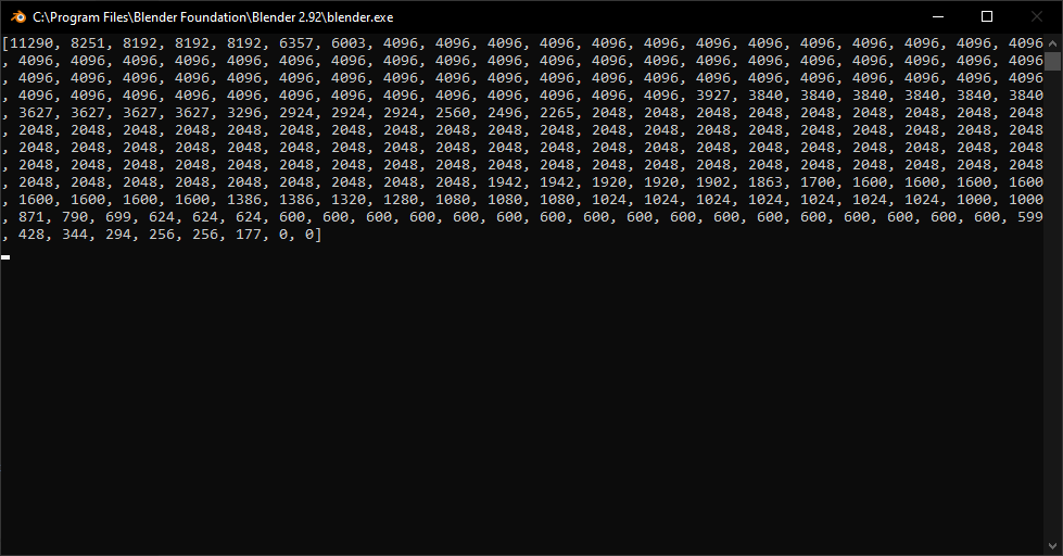 Screenshot of the terminal window displaying all of the texture sizes