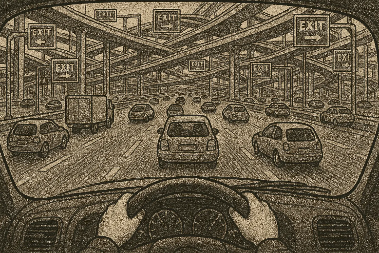 AI generated image of a first-person newspaper caricature driving towards a spaghetti junction