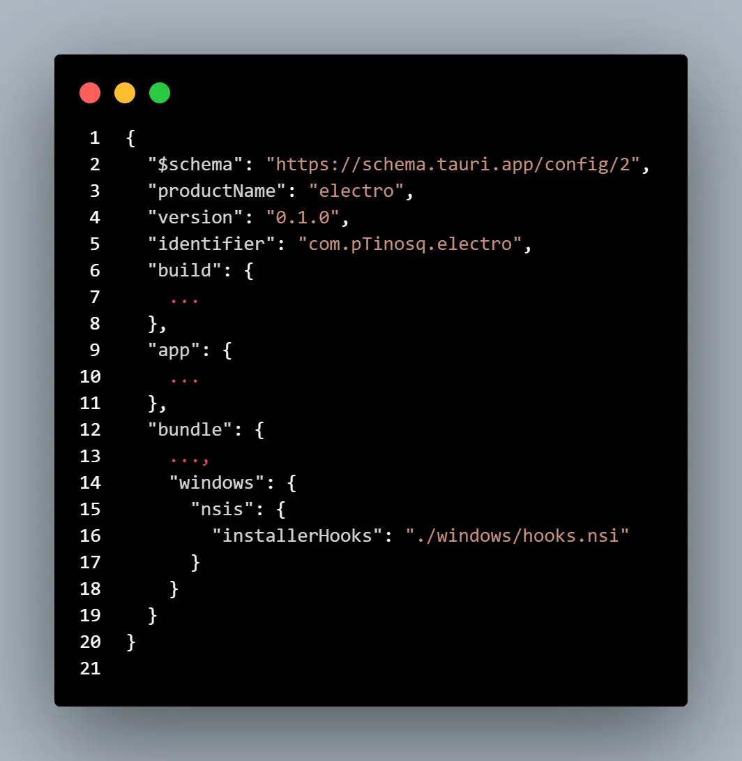 Tauri config example with Windows NSIS installer hook property