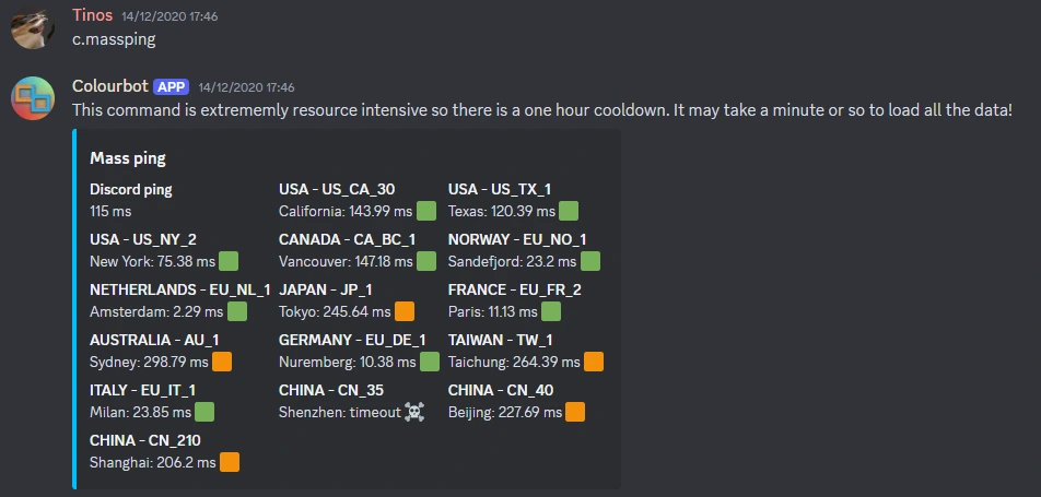 Colourbot mass ping command showing different server response times