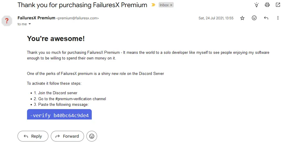 Email from the failuresx automated emailing system granting a user a premium license